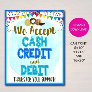 Wij accepteren betalingen ondertekenen contant, credit debit, fondsenwerving booth, bake sale, cookie booth afdrukbare scouts cookie banner, cookie booth poster