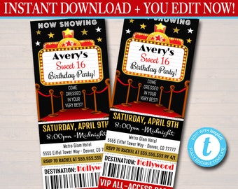 Może przedstawiać: Czerwono-czarne zaproszenie w stylu biletu na imprezę urodzinową Sweet 16. Zaproszenie zawiera czerwony dywan, neon z tekstem "Avery's Sweet 16 Birthday Party!" oraz tekst "Saturday, April 9th 8:00pm - Midnight". Zaproszenie zawiera również tekst "RSVP to Rachel at 555.555.555 by 4/1" i "Destination: Hollywood".