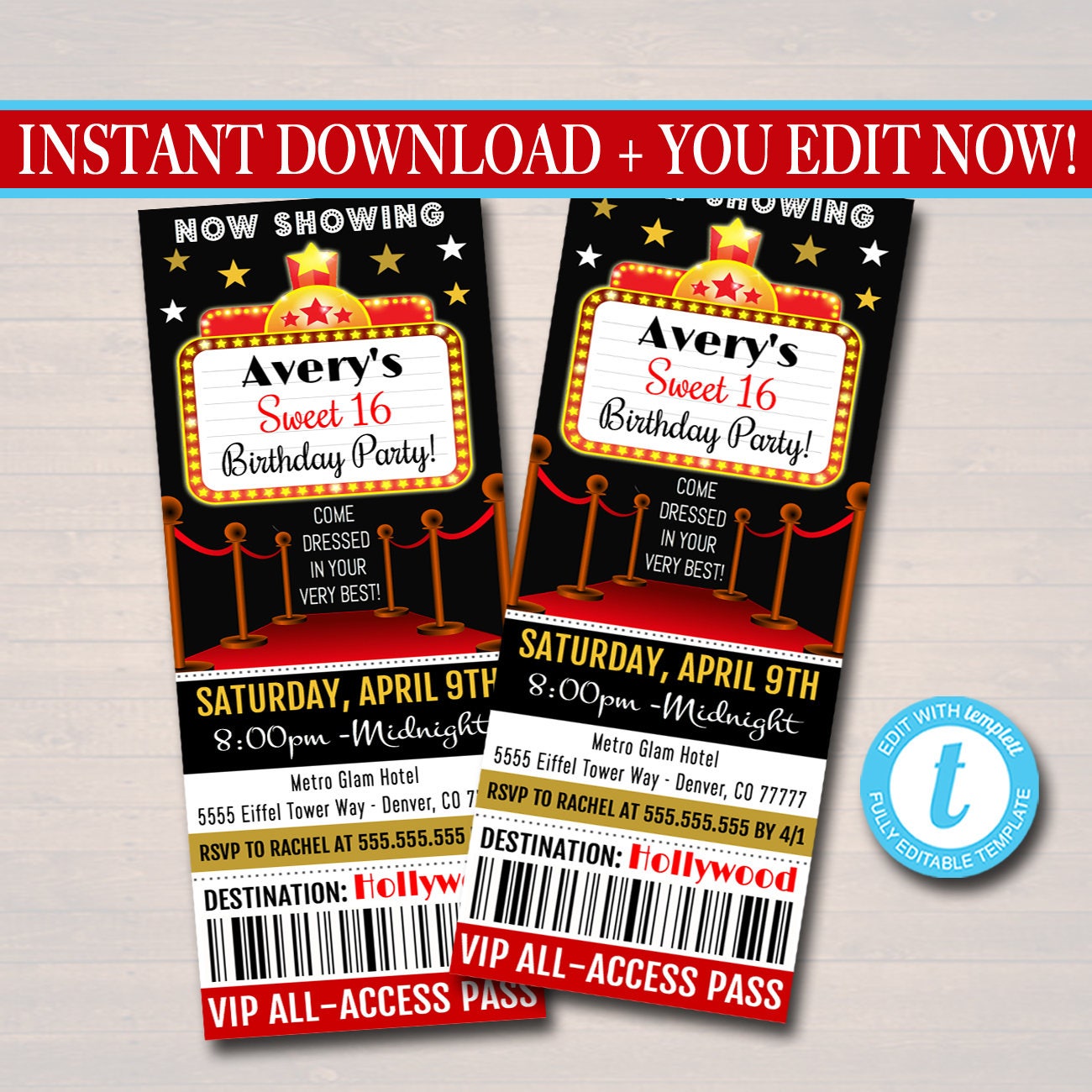 EDITABLE Red Carpet Ticket Invitation Hollywood Movie Party Etsy