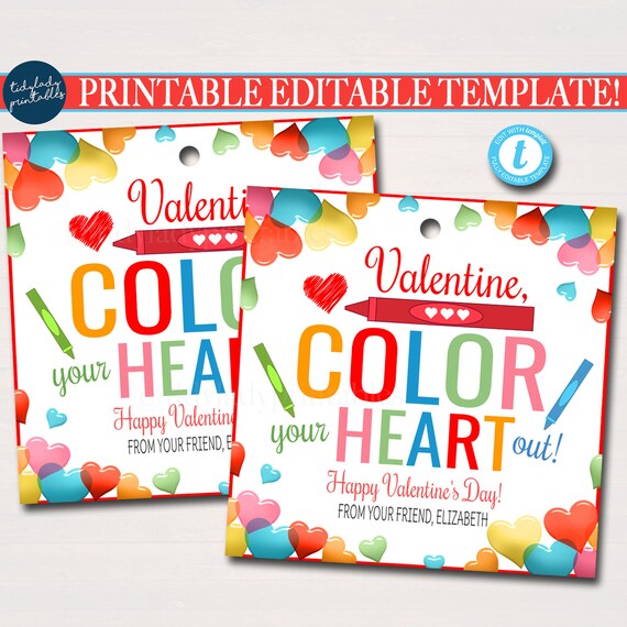 Valentines Crayon Gift Tags, Color Your Heart Out Friend Classroom, Birthday Non Candy Party Favor, Valentine Teacher, Editable Template Il_570xn