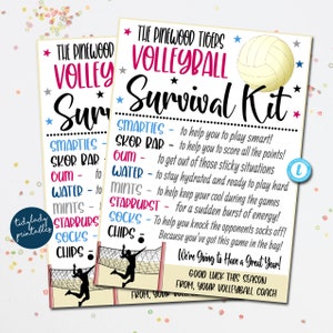 May include: A pink and blue printable sign with a volleyball graphic and the text "The Pinewood Tigers Volleyball Survival Kit". The sign lists items like "Smarties", "Skore Bar", "Gum", "Water", "Mints", "Starburst", "Socks", and "Chips" with a description of how each item will help the volleyball team.
