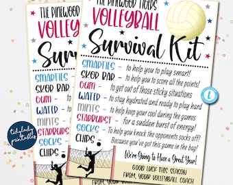 Könnte beinhalten: Ein rosa-blaues, druckbares Schild mit einer Volleyballgrafik und dem Text "The Pinewood Tigers Volleyball Survival Kit". Das Schild listet Artikel wie "Smarties", "Skore Bar", "Gum", "Water", "Mints", "Starburst", "Socks" und "Chips" mit einer Beschreibung auf, wie jeder Artikel dem Volleyballteam helfen wird.
