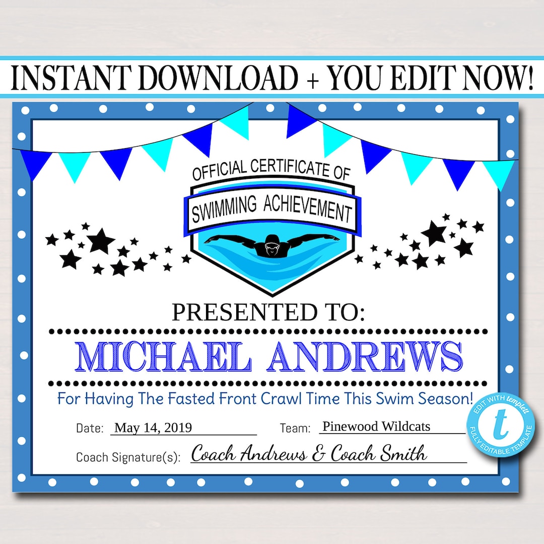 EDITABLE Swim Team Award Certificates, INSTANT DOWNLOAD, Swimming
