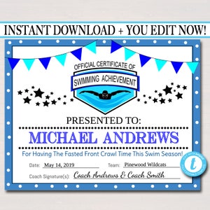 EDITABLE Swim Team Award Certificates, INSTANT DOWNLOAD, Swimming Awards, Swimmer Party Printable, Printable Award Sports Swim Certificates