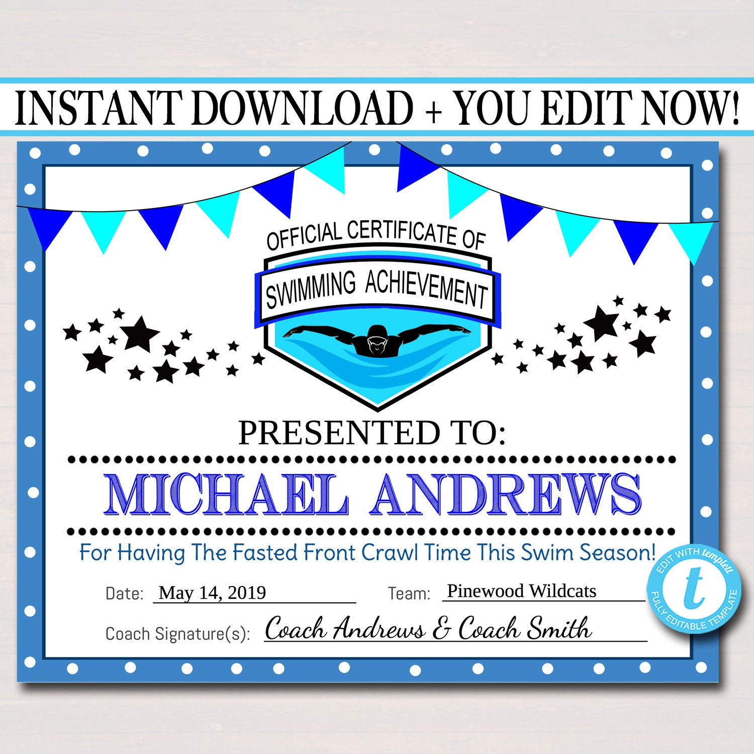 EDITABLE Swim Team Award Certificates INSTANT DOWNLOAD Inside Swimming Award Certificate Template