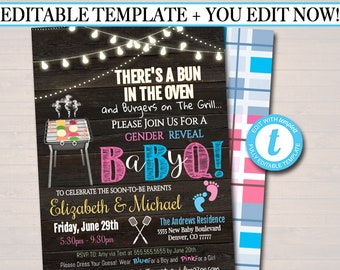 Baby-Q Gender Reveal Einladung: Grill-Picknick-Thema (Digitaler Download)