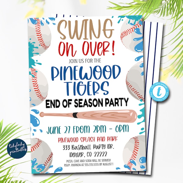 Baseball Invitation, End of Season, Swing on Over, Editable baseball team party, Boy Sports digital Invitation Pool Party Printable TEMPLATE