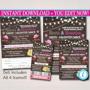 EDITIERBARE Daddy Daughter Barn Dance Set School Dance Flyer Einladung, Boots & Beauties, Church Community Event, pto, pta INSTANT DOWNLOAD