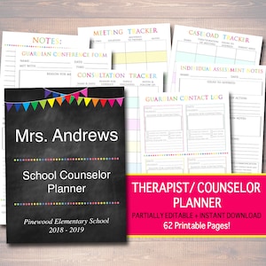 Printable Counselor Planner, Editable Undated Perpetual Calendar, INSTANT DOWNLOAD - 62 Pages, Lesson Plan Meeting Notes School Psychologist