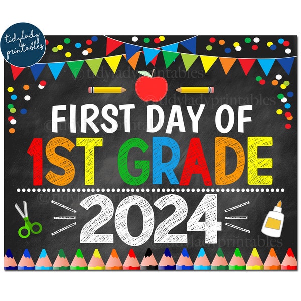 First Day of First Grade 2024, Printable Back to School Chalkboard Sign, Primary Colors Boy Confetti, 1st Grade Digital Instant Download