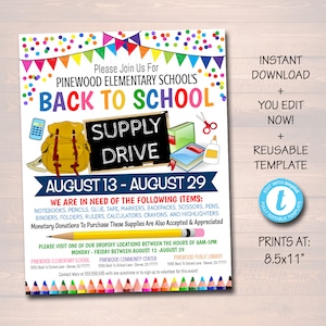 EDITABLE School Supply Drive Flyer, Printable PTA PTO Flyer, School Supplies Fundraiser Poster, Back To School Invite, Printable Invitation
