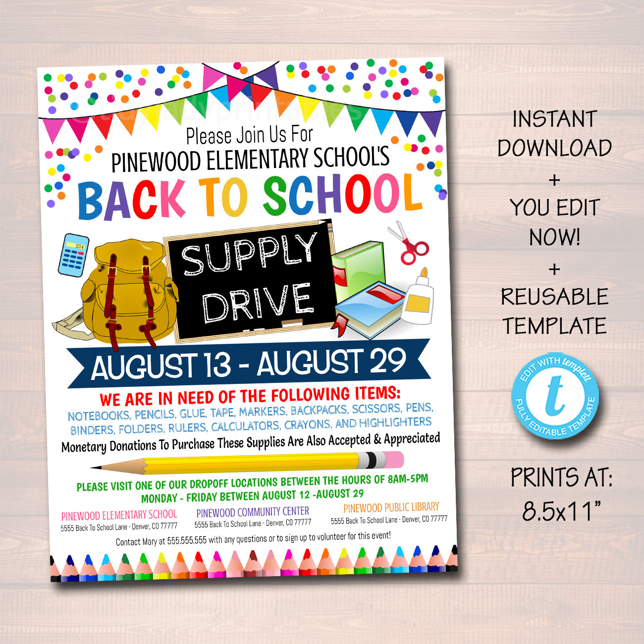 EDITABLE School Supply Drive Flyer, Printable PTA PTO Flyer, School Supplies Fundraiser Poster, Back To School Invite, Printable Invitation