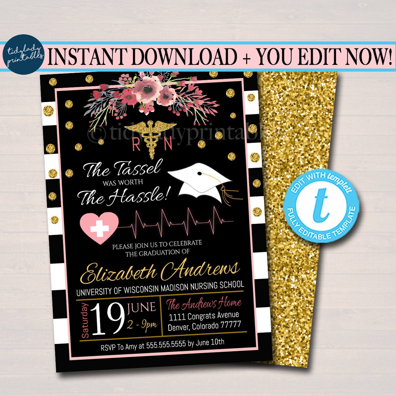 Editable Nurse Graduation Invitation Floral Printable Female - Etsy