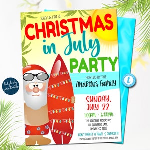 Bearbeitbare Weihnachten im Juli Party Einladung, Sommer Xmas Santa, Urlaub einladen, tropische Weihnachten, Pool Party, druckbare Sofort Download
