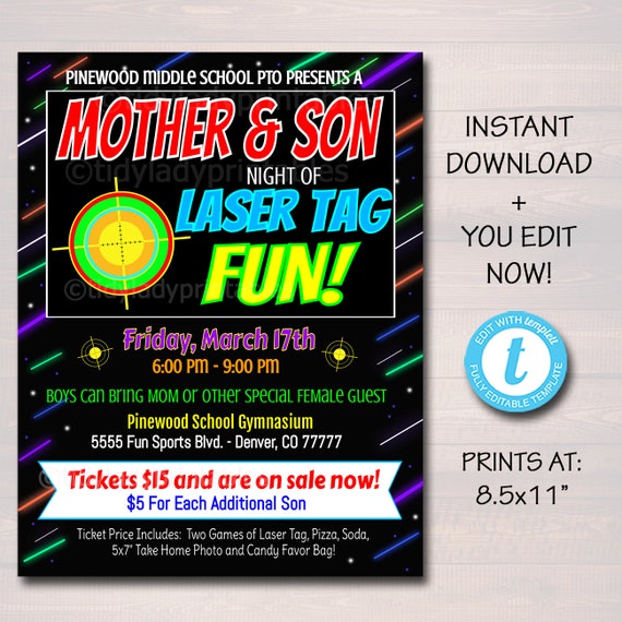 Laser Tag Event Flyer, Mother Son Date Night, Glow Dance, Family