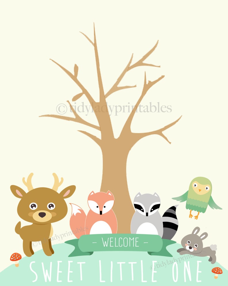Forest Animals Woodland Baby Shower Thumbprint Tree, INSTANT DOWNLOAD, Printable Baby Shower Guestbook, Forest Friends Themed Baby Shower image 2
