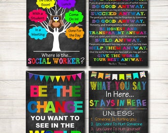 Social Worker Posters, Social Worker Gifts, Social Work Office Decor, Door Hanger, Social Worker Office Door Sign INSTANT DOWNLOAD, Set of 4