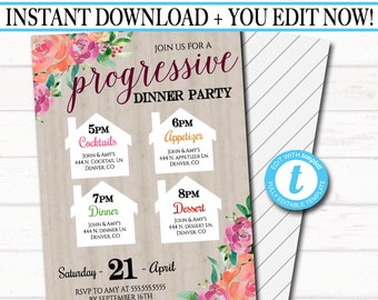 Editable Progressive Dinner Party Invitation, Neighborhood Potluck Party Invite, Rustic Floral Printable, House Round Robin INSTANT DOWNLOAD