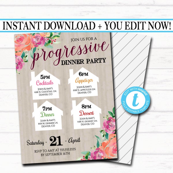 Editable Progressive Dinner Party Invitation, Neighborhood Potluck Party Invite, Rustic Floral Printable, House Round Robin INSTANT DOWNLOAD