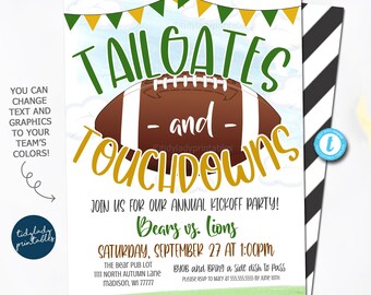 May include: A green and gold football-themed invitation for a tailgate and touchdown party. The invitation features a football with the text "Tailgates and Touchdowns" and the words "Bears vs. Lions". The invitation also includes the date, time, and location of the party.