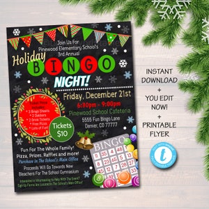 Christmas Bingo Night Flyer, Holiday PTA, PTO School Family Fundraiser Event, Christmas Community Church Printable Digital Invite, EDITABLE