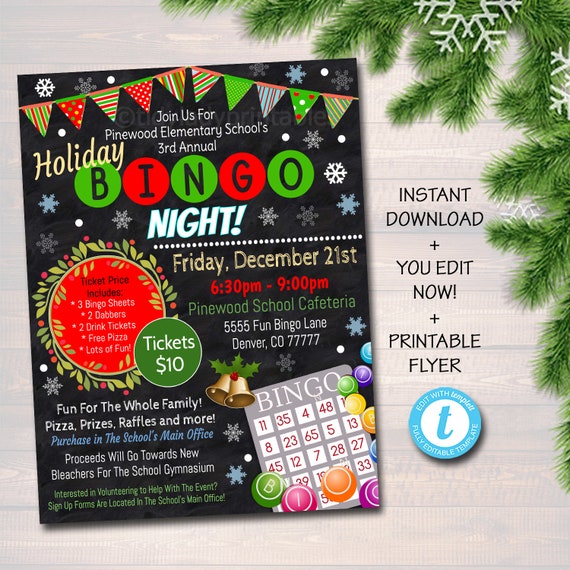 editable holiday bingo night flyer printable pta pto school family fundraiser event christmas community church printable digital invite holiday flyer