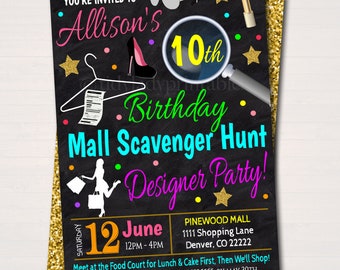 May include: A black chalkboard style invitation with gold glitter accents. The invitation is for a 10th birthday party with the theme "Mall Scavenger Hunt Designer Party". The party is scheduled for Saturday, June 12th from 12pm to 4pm at Pinewood Mall, 1111 Shopping Lane, Denver, CO 22222. The invitation instructs guests to meet at the food court for lunch and cake first, then shop. RSVP to Amanda via text at 555.555.5555 by May 30th.