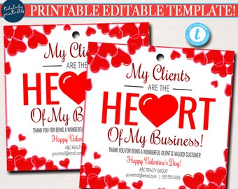 May include: Printable Valentine's Day card template for businesses. The card features a red heart and the text "My Clients Are The Heart Of My Business!" with a thank you message and space for business information.