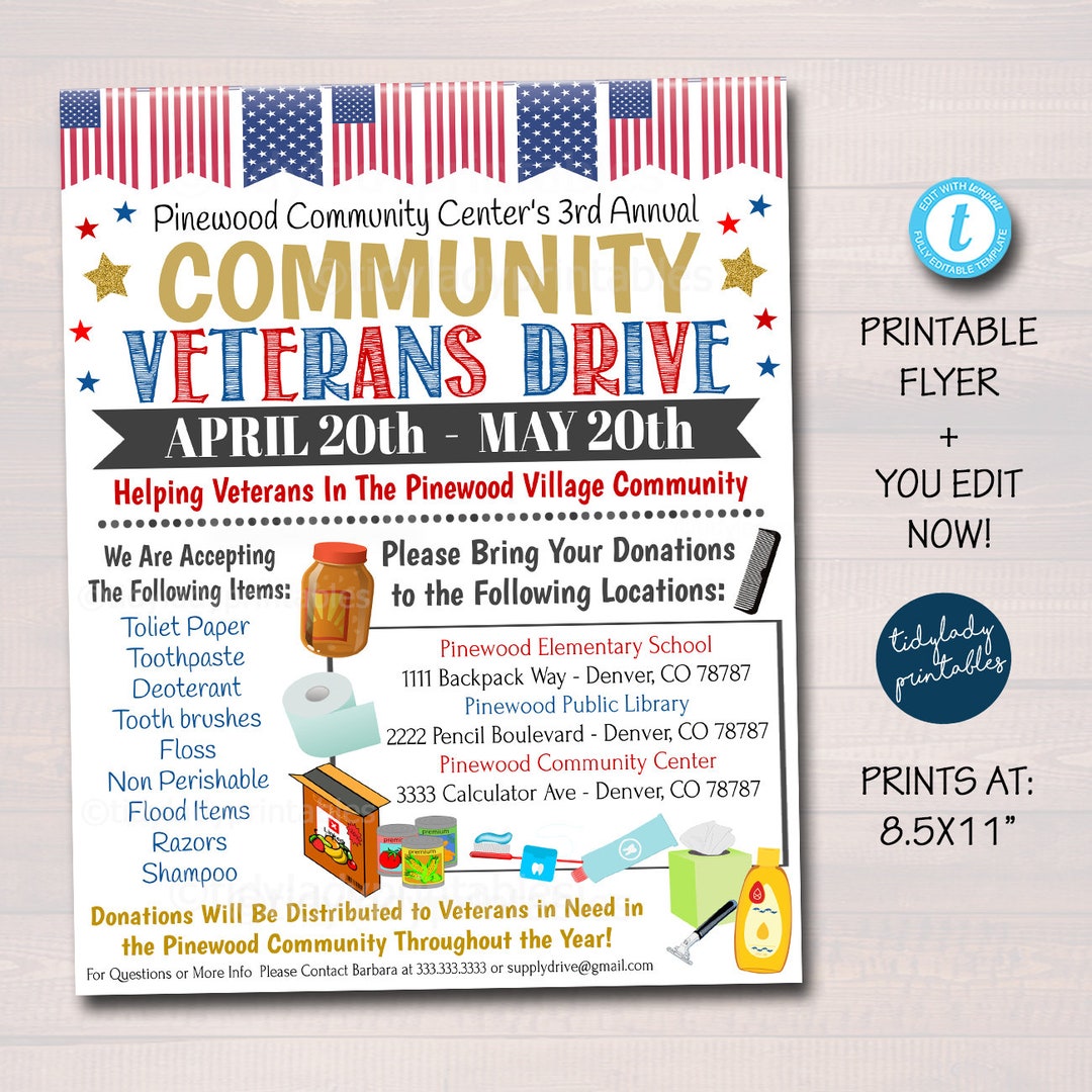 American Veterans Donations Drive Flyer, Military Soldiers Heros Toiletries Food Drive, Church