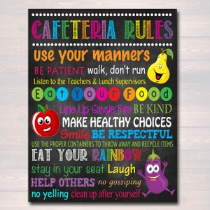 May include: A black chalkboard with colorful text outlining cafeteria rules for students. The text includes "use your manners", "be patient", "eat your food", "line up single file", "be kind", "make healthy choices", "smile", "be respectful", "use the proper containers to throw away and recycle items", "eat your rainbow", "stay in your seat", "laugh", "help others", "no gossiping", "no yelling", and "clean up after yourself". The chalkboard is decorated with cartoon images of a pear, apple, and eggplant.
