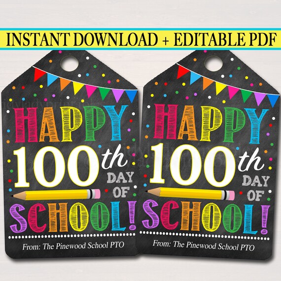 Happy 100th Day of School Gift Tags, School pto pta, Printable Party Favor Tags, 100 Days Smarter Kids Teacher Classroom, INSTANT DOWNLOAD Il_570xn