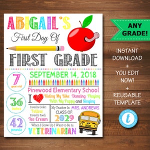 First Day Of School Sign, Back to School White Background Poster Personalized School About Me Sign Any Grade Sign 1st Day of School