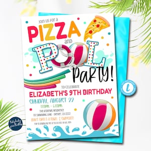Pizza en zwembad uitnodiging voor feest, einde van schoolfeest, afdrukbare uitnodiging terug naar school, zomer kinderen meisjes zwembad verjaardag, BEWERKBARE SJABLOON