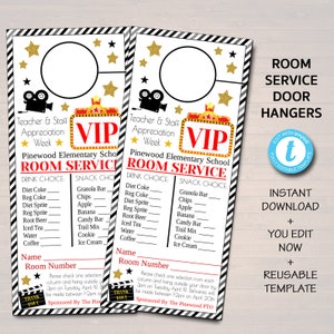 Hollywood VIP Room Service Türhänger, Lehrer und Mitarbeiter Anerkennung Woche, druckbare Danke Tags, Schule Pto Pta, EDITIERBARE VORLAGE