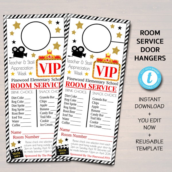 Hollywood VIP Room Service Door Hanger, Teacher and Staff Appreciation Week, Printable Thank You Tags, School Pto Pta, EDITABLE TEMPLATE