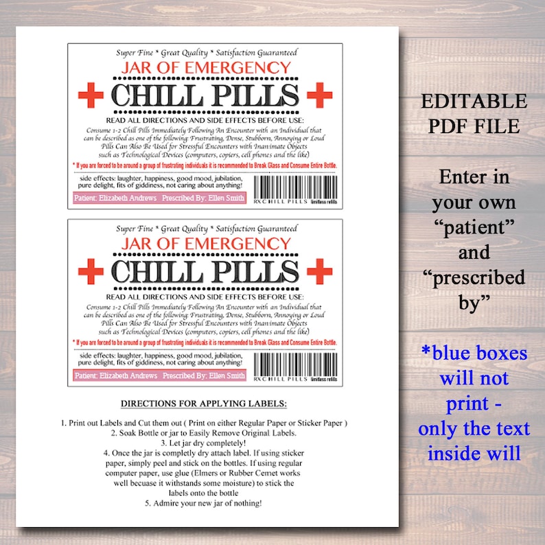 Editable Chill Pills Label: Funny Gag Gift (Printable Label) image 2