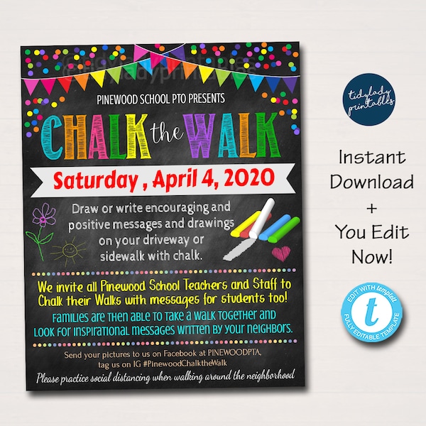 Chalk the Walk Flyer, HomeSchool Social Connection Event Idea, Elementary School Pto Pta, Kids positive kindness activity, Editable Template