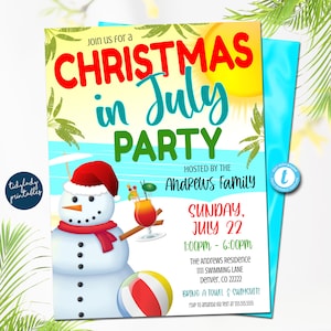 Editable Christmas In July Party Invitation, Holiday invitation, Tropical Christmas, Summer Xmas, Pool Party, Printable Instant Download