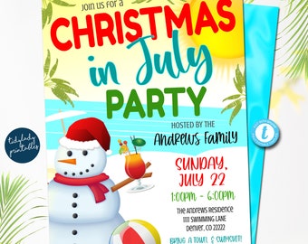 Puede incluir: Una invitación a una fiesta de Navidad en julio con un muñeco de nieve que lleva un gorro de Papá Noel y sostiene una bebida tropical. La invitación es amarilla, azul y verde con un tema de playa. El texto dice "Navidad en julio" e incluye la fecha, la hora y la ubicación de la fiesta.