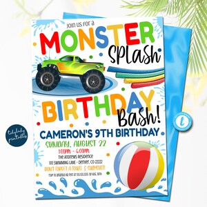 Pool Party Invitation, Monster Truck Waterslide, Boy Birthday Invite, Summer Birthday Party, Splash Pad Waterpark Pool, EDITABLE TEMPLATE