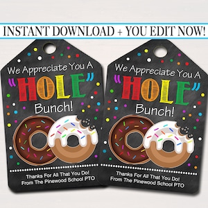 EDITABLE Donut Appreciation Gift Tags, Staff Teacher Volunteer Appreciation Gift, Donut Hole Gift Tag, Thanks a Latte, INSTANT DOWNLOAD