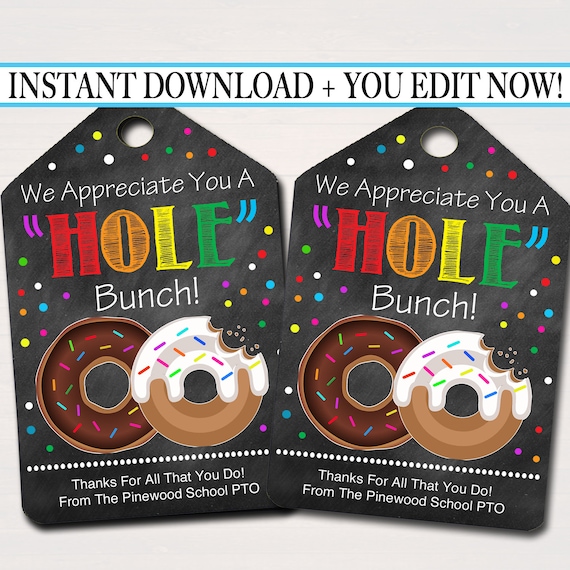 EDITABLE Donut Appreciation Gift Tags, Staff Teacher Volunteer Appreciation Gift, Donut Hole Gift Tag, Thanks a Latte, INSTANT DOWNLOAD Il_570xn