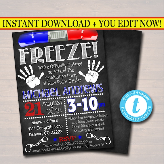 Editable Police Academy Graduation Freeze Invitation Chalkboard  Editable Police Academy Graduation Freeze Invitation Chalkboard