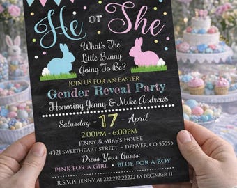 Editable Bunny Gender Reveal Invitation: He or She Spring Easter Theme Baby Shower Printable (Digital Download)