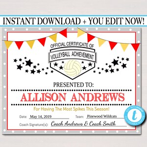 EDITABLE Volleyball Certificates INSTANT DOWNLOAD Volleyball Award, Printable Girls Volleyball Team Participation Awards, Sports Acheivement