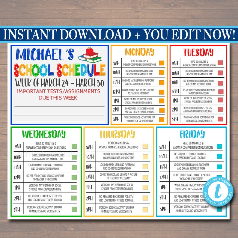 Home School Schedule, Daily Weekly Subject Checklist, Homework Organizer, Kids Student Calendar Planner Printable, Editable Template image 1