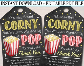 EDITABLE Popcorn Thank You Tags, Teacher Appreciation, Treat Tag INSTANT DOWNLOAD Printable Chalkboard Tags, Volunteer Staff Thank You Label