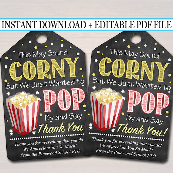 EDITABLE Popcorn Thank You Tags, Teacher Appreciation, Treat Tag INSTANT DOWNLOAD Printable Chalkboard Tags, Volunteer Staff Thank You Label Il_570xn