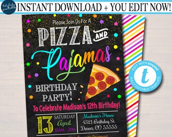 Pizza Pajama Birthday Party Invitation: Editable Digital Template
