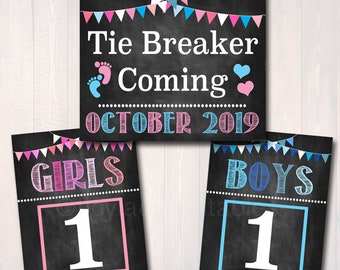 Tie Breaker Pregnancy Announcement, Printable Chalkboard Poster, Sibling Pregancy Reveal, Expecting Third Child Photo Prop Pink or Blue Sign